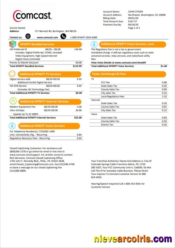 USA Utah Comcast utility bill version 1